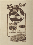 717166 Advertentie voor sucade-, gember en ontbijtkoeken van Mij. De Korenschoof, bakkerij, Kaatstraat te Utrecht.